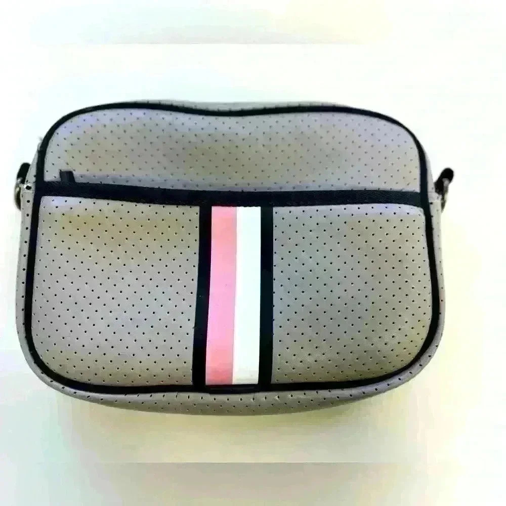 Haute Shore Drew Neoprene Camera Crossbody Bag Purse Gray Pink $52 Missing Strap